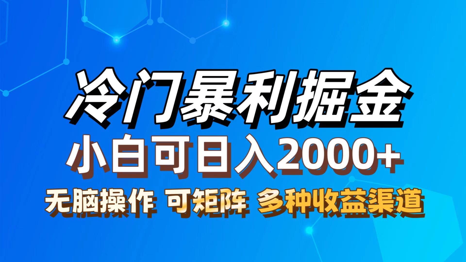 最新冷门蓝海项目，小白可轻松上手，一天十几分钟，日入2000+，可批量放大