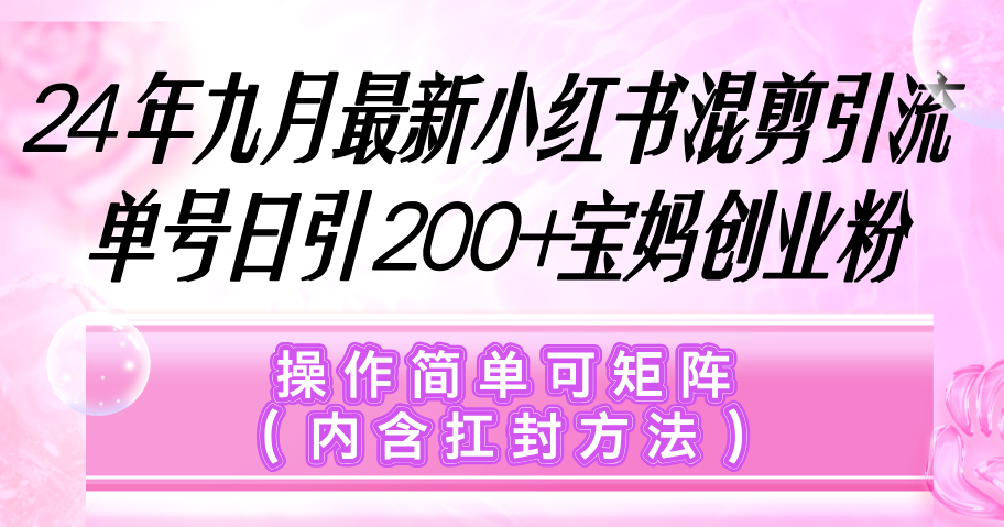 小红书混剪引流，单号日引200+宝妈创业粉，操作简单可矩阵（内含扛封）