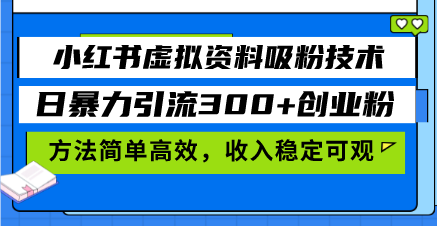 小红书虚拟资料吸粉技术，日暴力引流300+创业粉，方法简单高效，收入稳